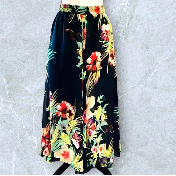 Moon Orchid Skirt Midi Women's Small Black/Floral Flowly Elastic Waist - Picture 3 of 9